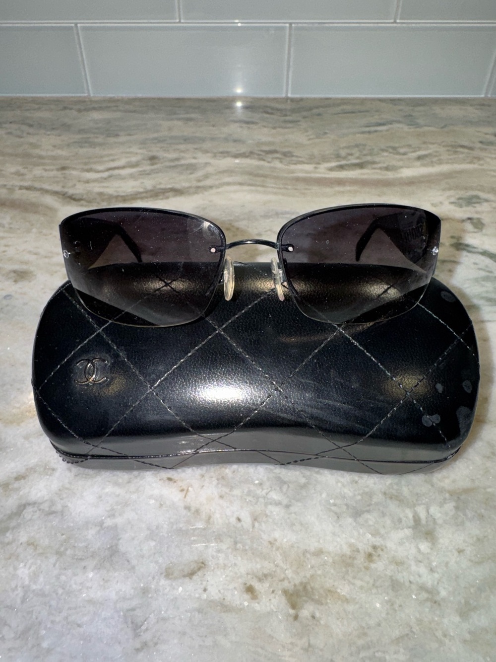Authentic CHANEL 4117-B Crystal CC Rimless Sunglasses Black Vintage Y2K
